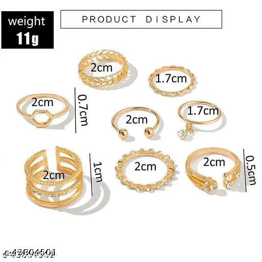 Gold Plated 8 Piece White Crystal Drop Heart Multi Designs Ring Set For Women & Girls (F6DMO)