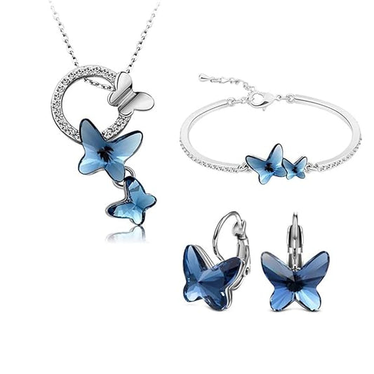 Shining Diva Fashion Italian Designer Platinum Plated Crystal Butterfly Earrings Chain Pendant Necklace Combo Jewellery Set for Women and Girls (Blue) (14603s) (3pLcr)