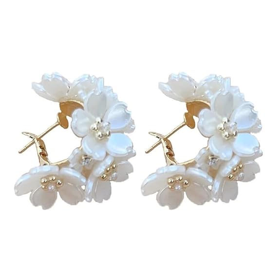 Shining Diva Fashion Latest Sweet Romantic Elegant White Flower Hoop Earrings | Stylish Shell Resin Delicate Pearl Flower Zircon Earrings | Trendy Versatile Jewellery | Light Exquisite Luxury Jewellery(hEt1i)