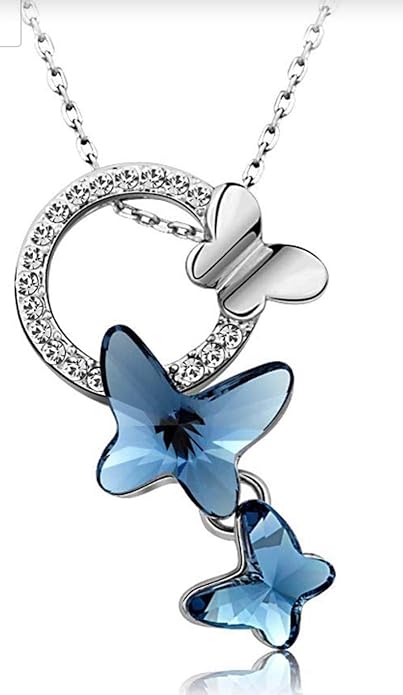 Shining Diva Fashion Italian Designer Platinum Plated Crystal Butterfly Earrings Chain Pendant Necklace Combo Jewellery Set for Women and Girls (Blue) (14603s) (3pLcr)