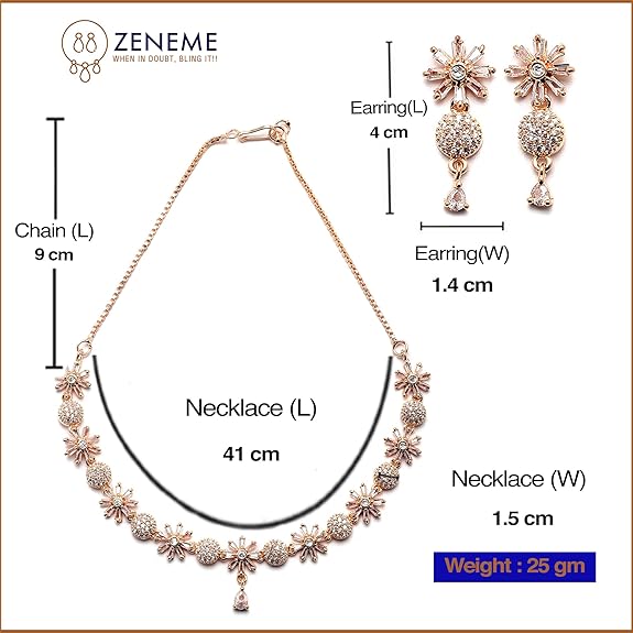 ZENEME Rhodium Plated Silver Toned White American Diamond Studded Necklace With Earring Jewellery Set For Woment and Girl (PNiET)