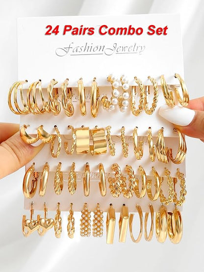 Shining Diva Fashion 24 pairs Combo Celebrity Inspired Trendy Latest Stylish Gold Plated Geometric Twist Pearl Hoop Dangle Earrings for Women and Girls (vEEtV)