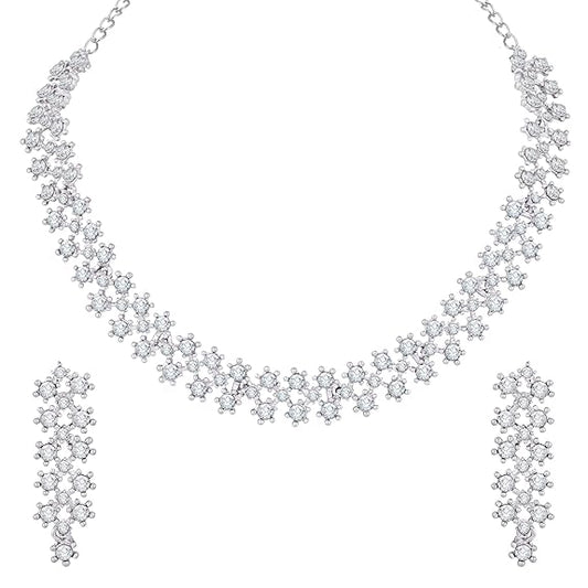 Atasi International White Stones/AD Diamond Necklace with Earrings - Jewellery Set for Women, Girls Best Suits for Party, Wedding and Festive Occasions (zgRYQ)