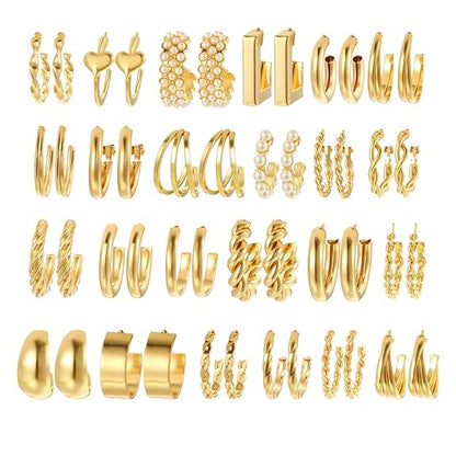 Shining Diva Fashion 24 pairs Combo Celebrity Inspired Trendy Latest Stylish Gold Plated Geometric Twist Pearl Hoop Dangle Earrings for Women and Girls (vEEtV)