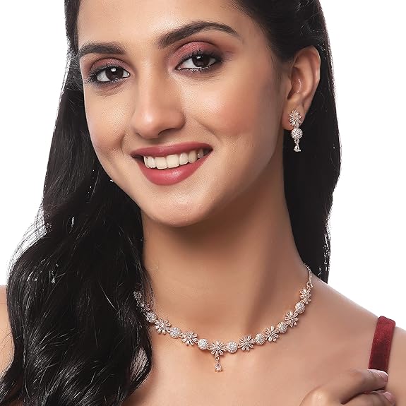 ZENEME Rhodium Plated Silver Toned White American Diamond Studded Necklace With Earring Jewellery Set For Woment and Girl (PNiET)