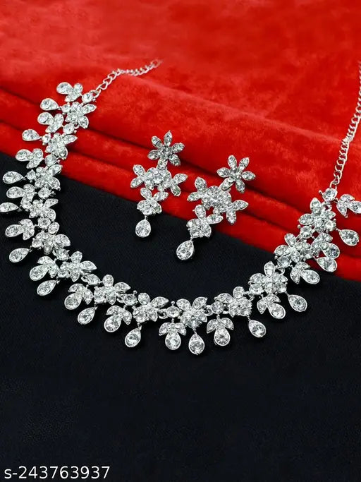 Silver Plated Necklace Set With White American Diamond (NYYK)