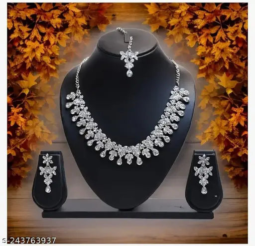 Silver Plated Necklace Set With White American Diamond (NYYK)