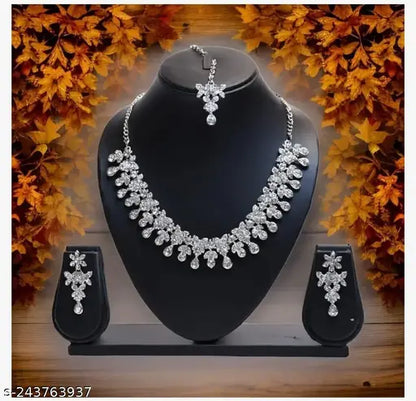 Silver Plated Necklace Set With White American Diamond (NYYK)