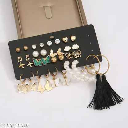 Combo of 17 Earrings for Girls and Women Gold Plated Pearl and Stone Studded Alloy Earring Set - 21311 (sU3gx)