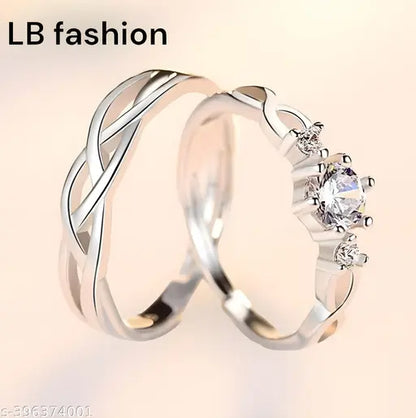 Valentine American diamond Adjustable Heart Love Ring Combo set Platinum Silver propose AD Couples 2 Finger Rings for girls women Couple girlfriend King Queen Gf BF lovers men boys (0RSln)