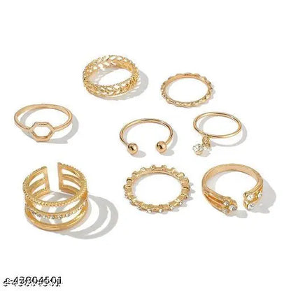 Gold Plated 8 Piece White Crystal Drop Heart Multi Designs Ring Set For Women & Girls (F6DMO)