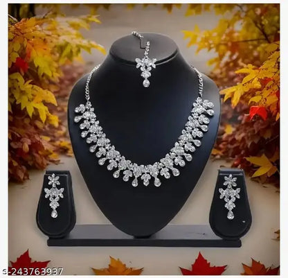 Silver Plated Necklace Set With White American Diamond (NYYK)